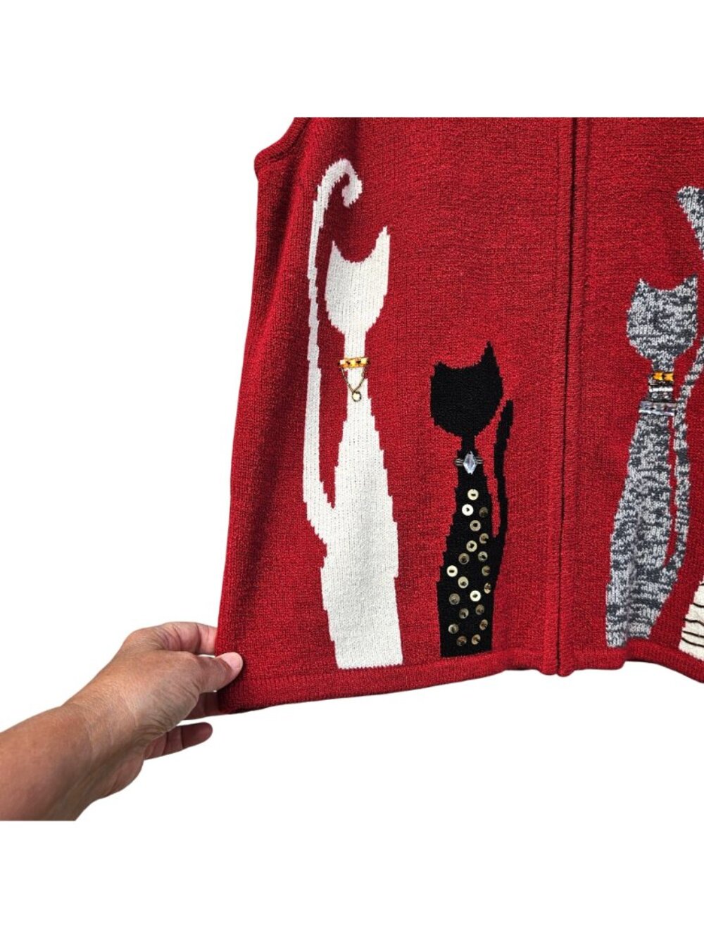 Allison Daley Vintage 90s Red Cat Knit Sweater Vest Zip M/L - Picture 2 of 14